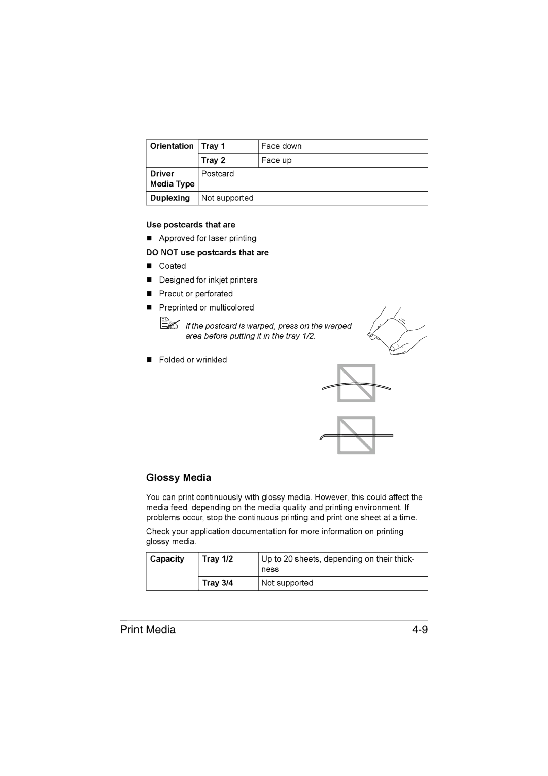 Muratec MFX-C3035 manual Glossy Media, Do not use postcards that are 