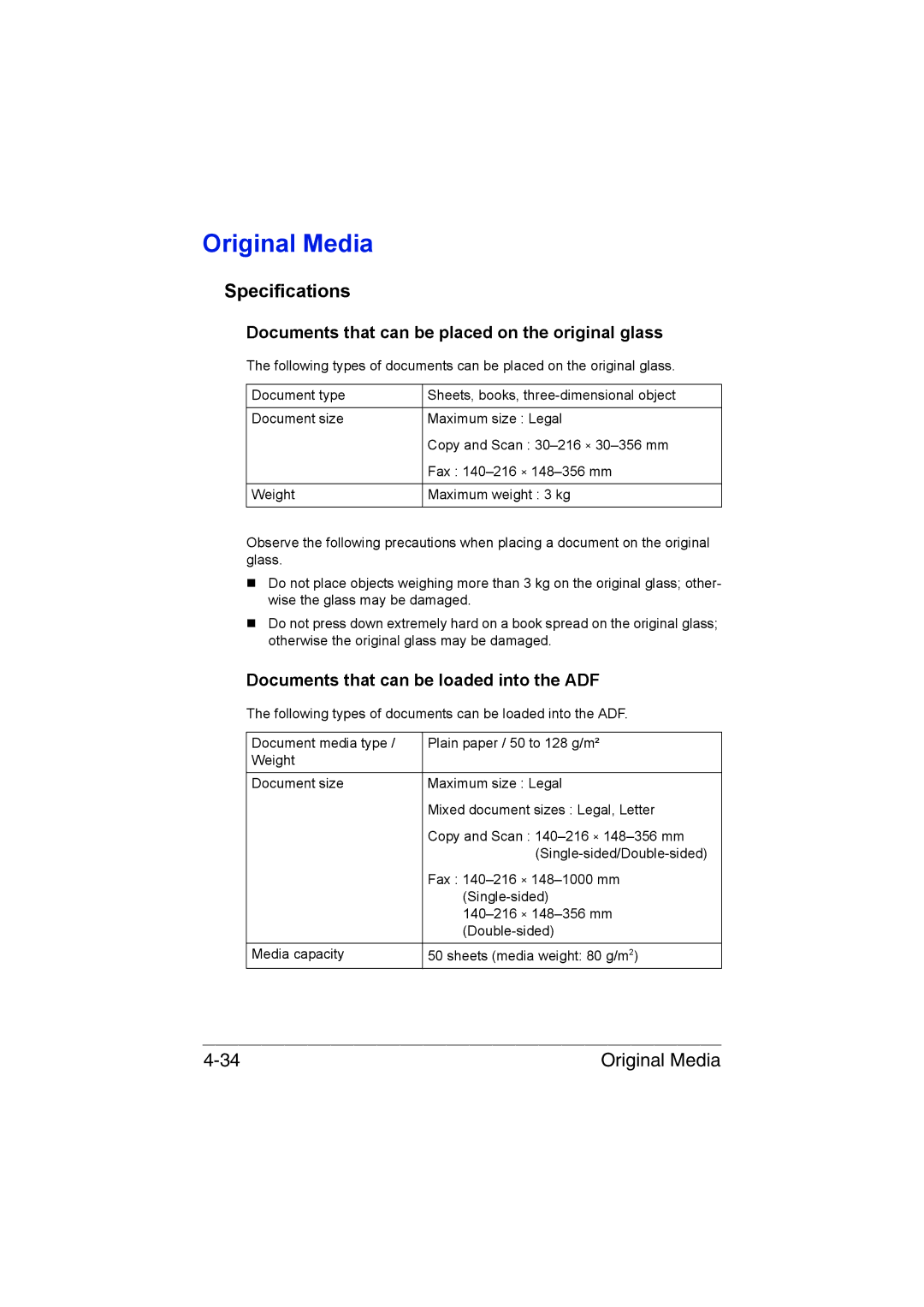 Muratec MFX-C3035 manual Original Media, Documents that can be placed on the original glass 