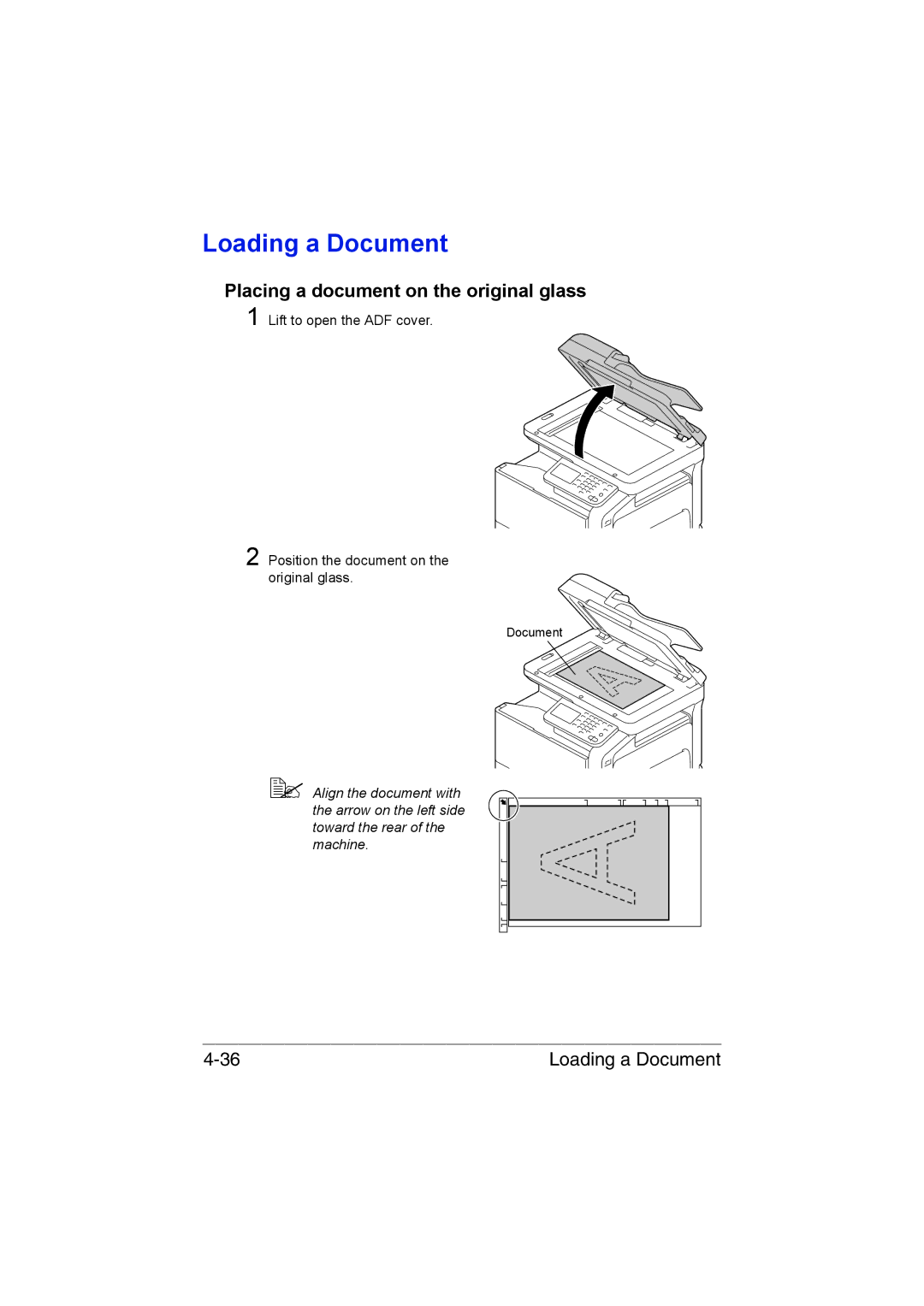 Muratec MFX-C3035 manual Loading a Document, Placing a document on the original glass 