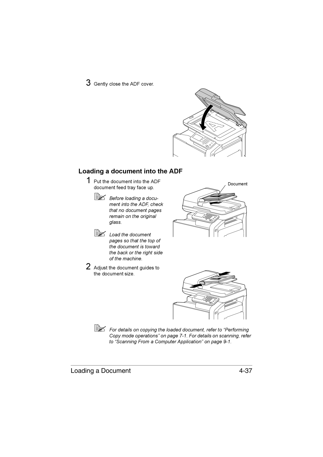 Muratec MFX-C3035 manual Loading a document into the ADF, Adjust the document guides to the document size 