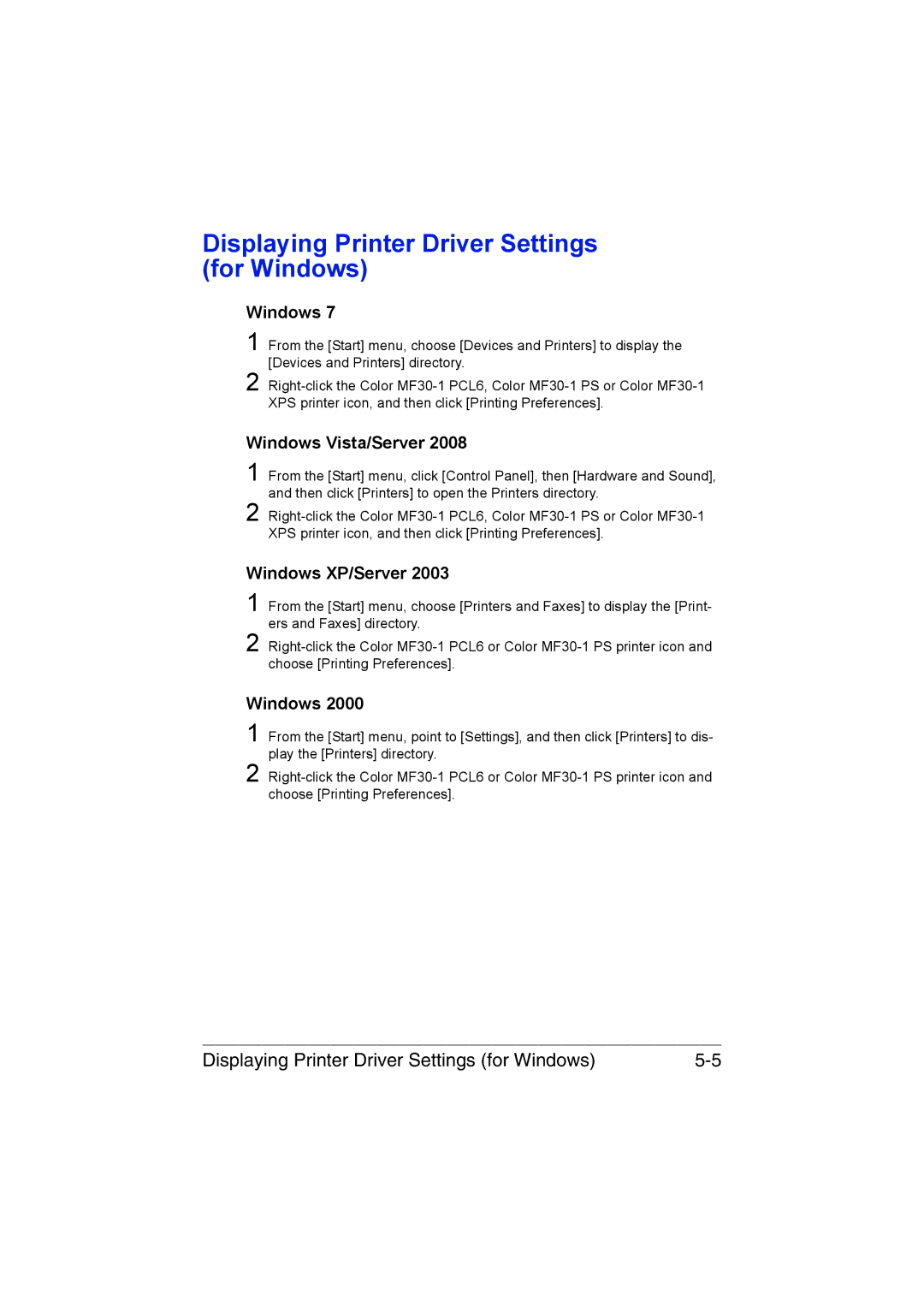 Muratec MFX-C3035 manual Displaying Printer Driver Settings for Windows, Windows Vista/Server, Windows XP/Server 