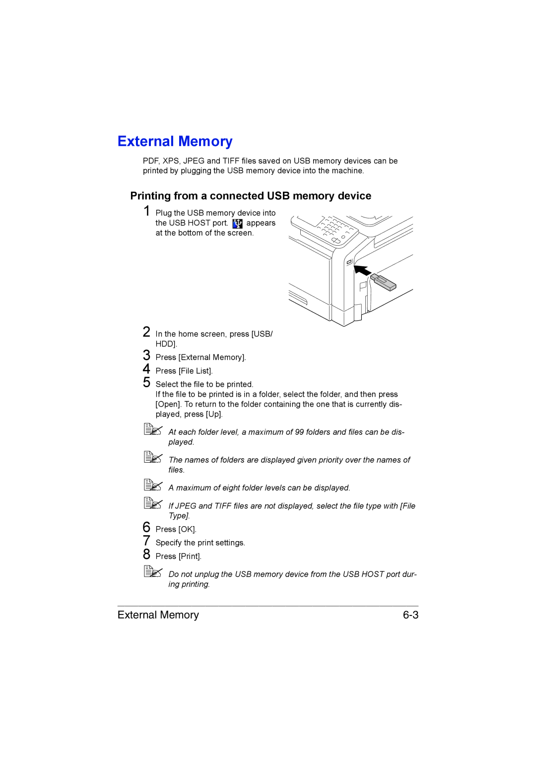 Muratec MFX-C3035 manual External Memory, Printing from a connected USB memory device 