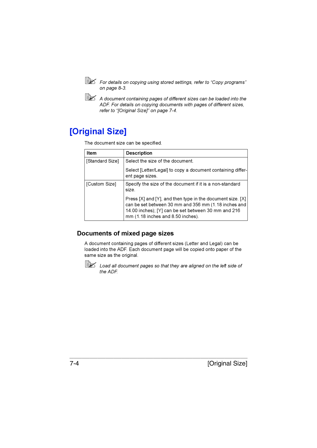 Muratec MFX-C3035 manual Original Size, Documents of mixed page sizes 