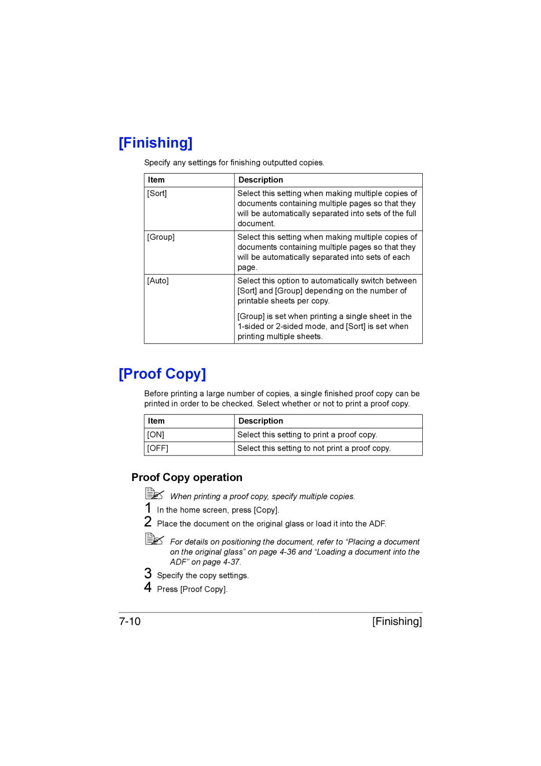 Muratec MFX-C3035 manual Finishing, Proof Copy operation,  When printing a proof copy, specify multiple copies 