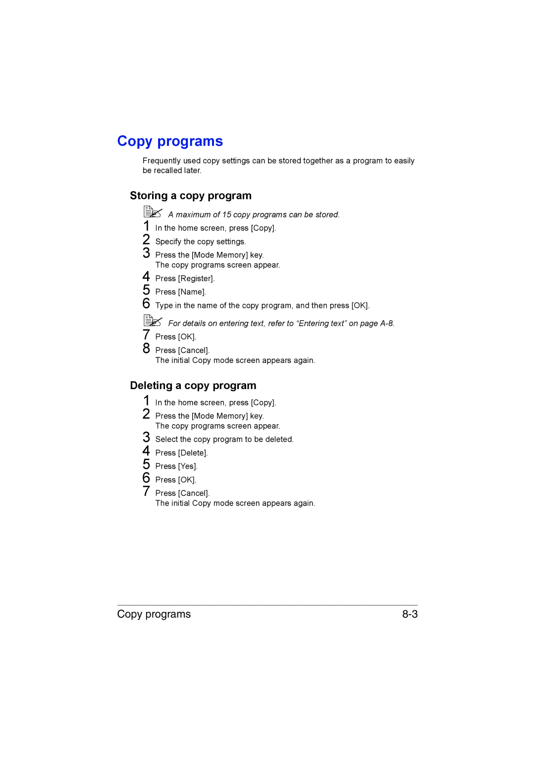 Muratec MFX-C3035 manual Copy programs, Storing a copy program, Deleting a copy program 