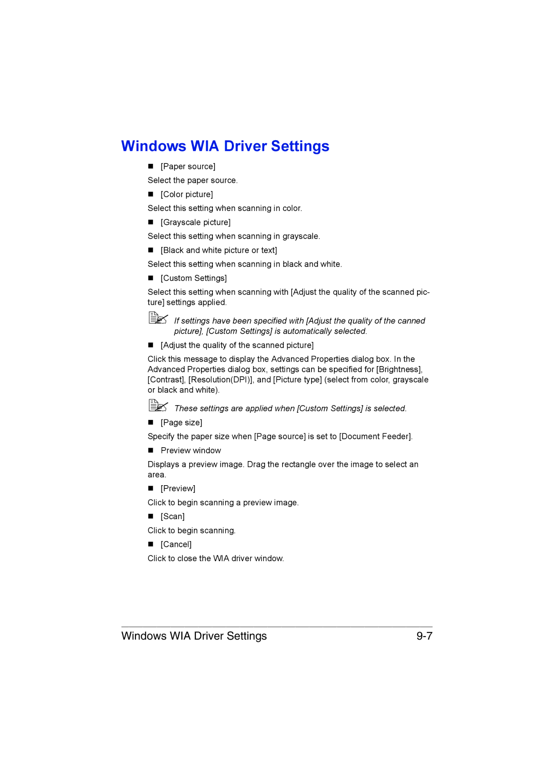 Muratec MFX-C3035 manual Windows WIA Driver Settings 