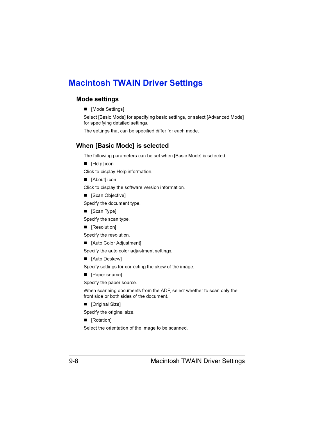 Muratec MFX-C3035 manual Macintosh Twain Driver Settings 