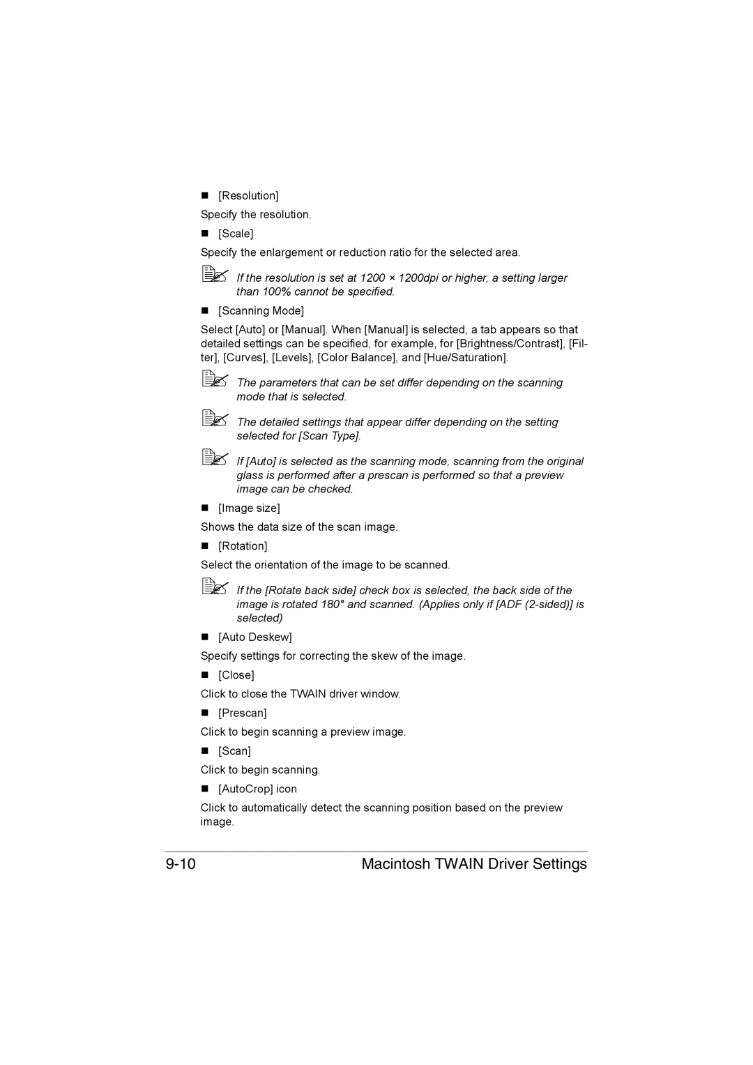 Muratec MFX-C3035 manual Macintosh Twain Driver Settings 