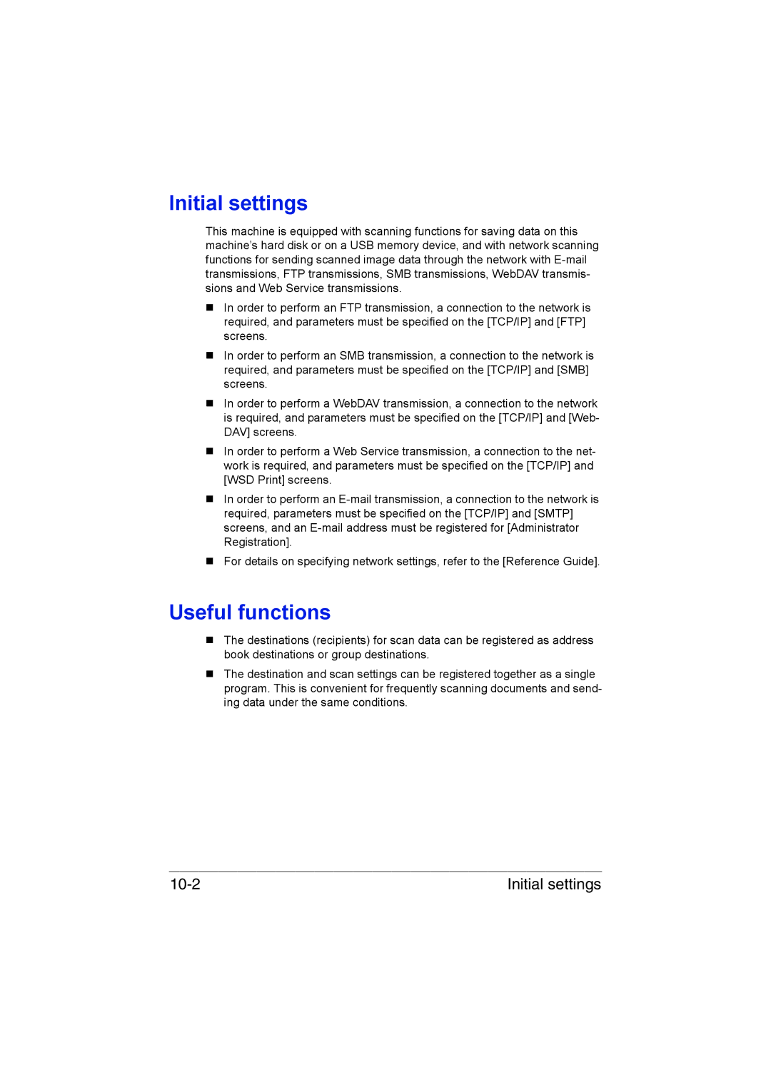 Muratec MFX-C3035 manual Initial settings, Useful functions 