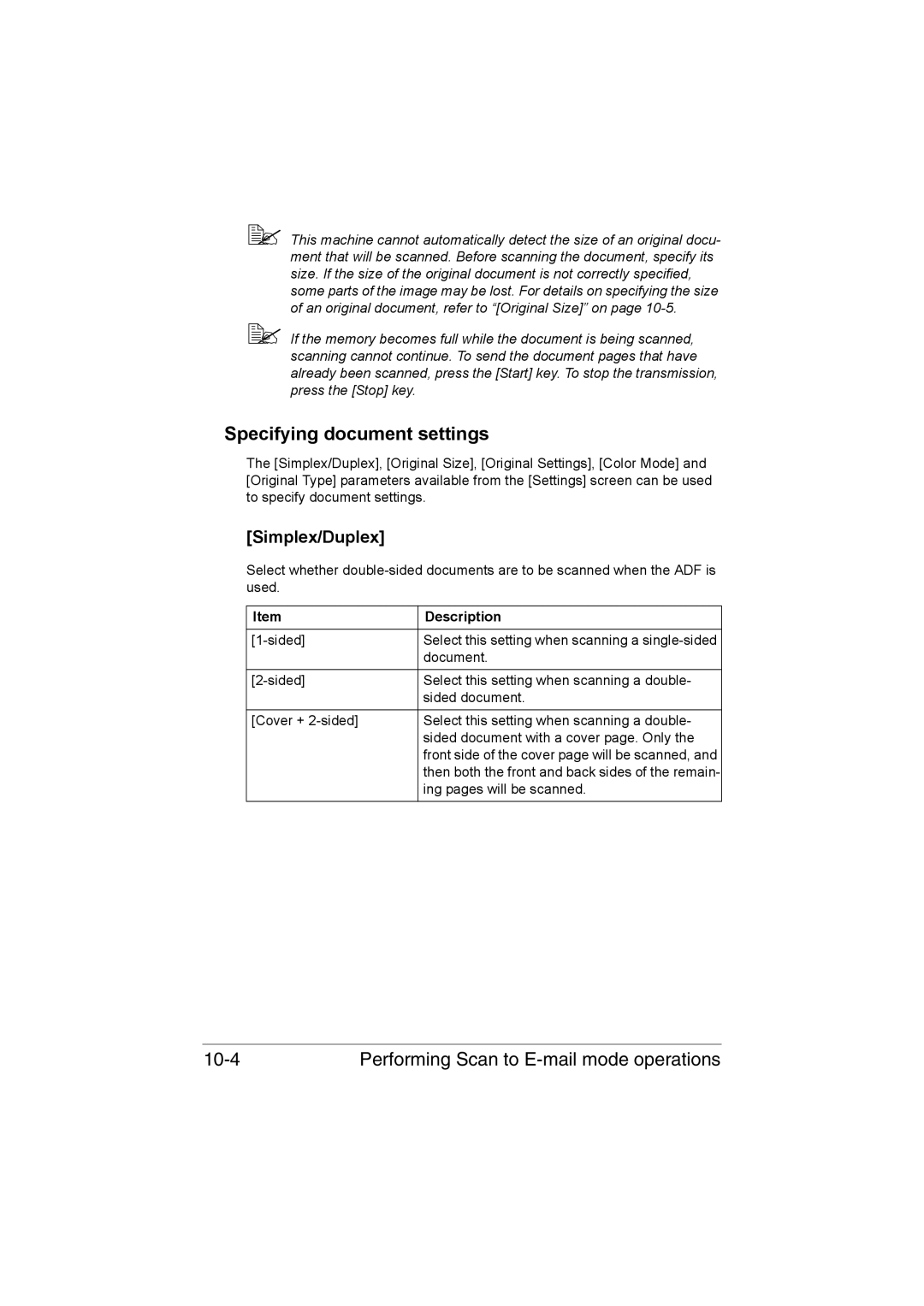 Muratec MFX-C3035 manual Specifying document settings, Performing Scan to E-mail mode operations, Simplex/Duplex 