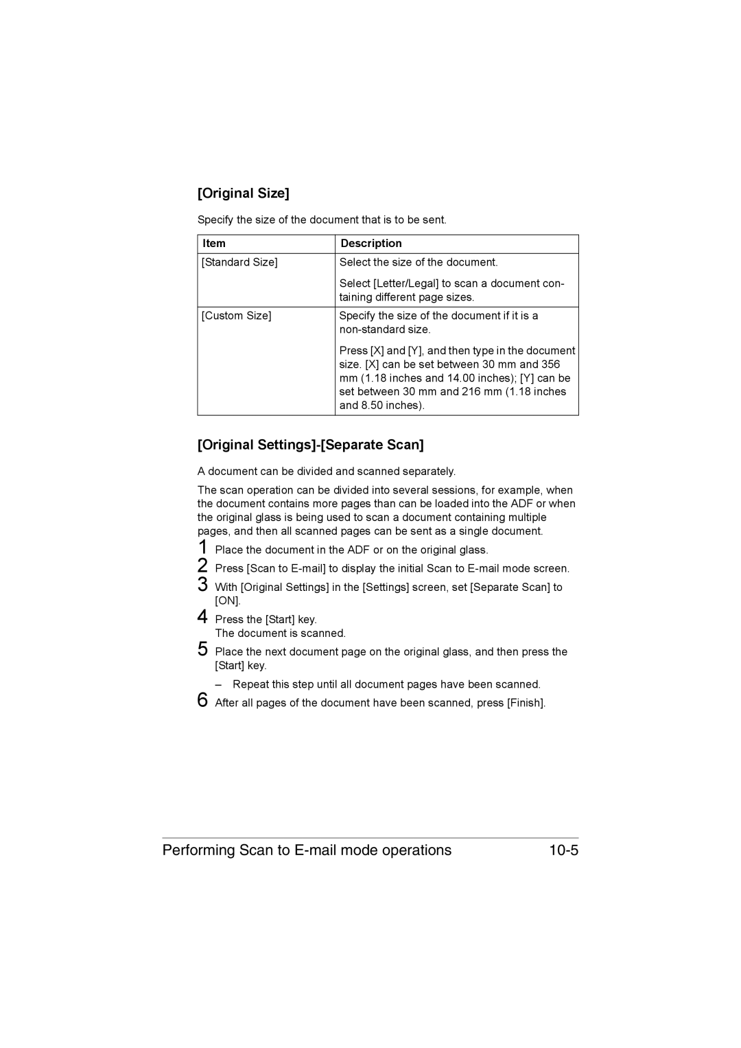 Muratec MFX-C3035 manual Performing Scan to E-mail mode operations 10-5, Original Size, Original Settings-Separate Scan 