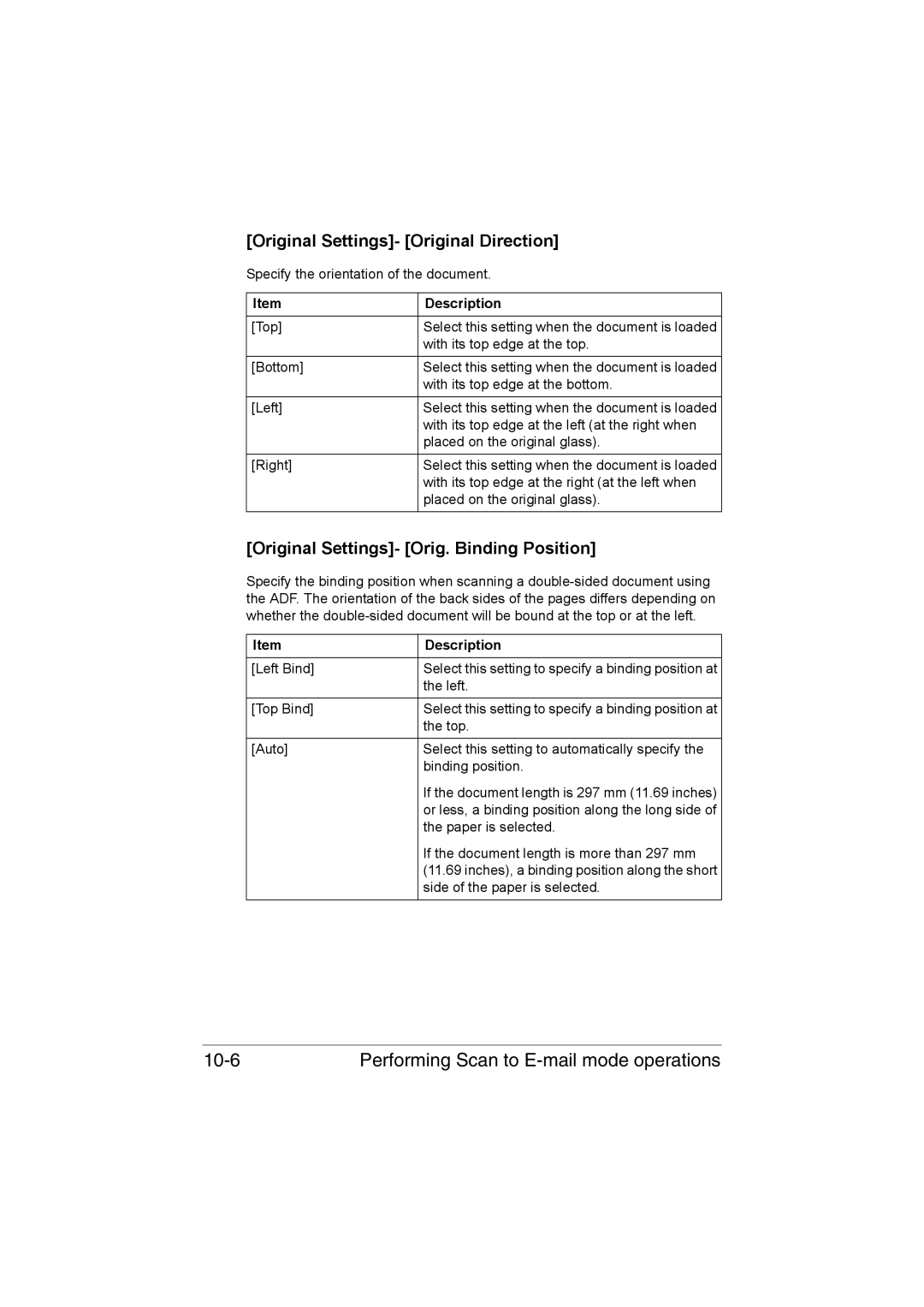 Muratec MFX-C3035 manual Performing Scan to E-mail mode operations, Original Settings- Orig. Binding Position 