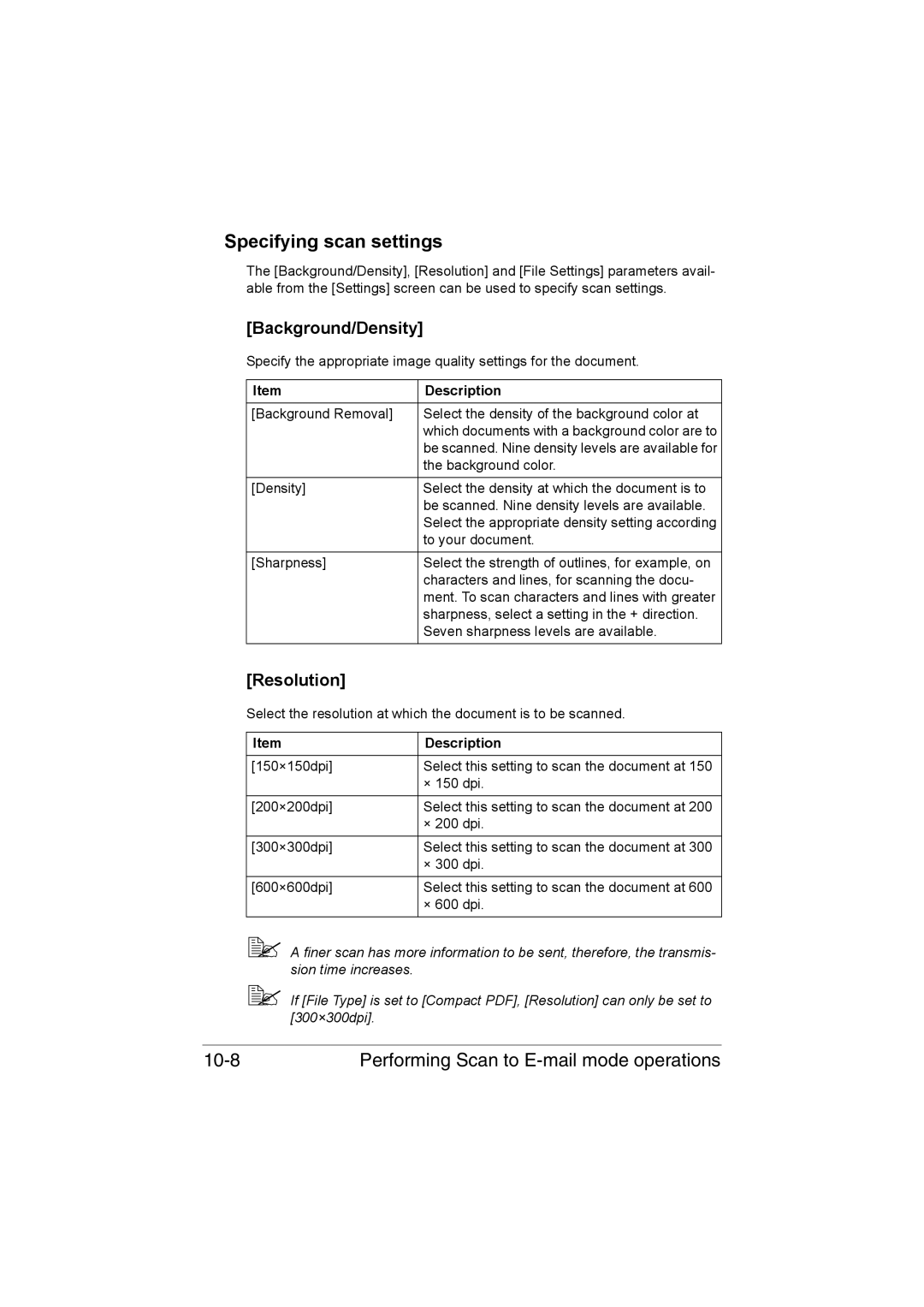 Muratec MFX-C3035 Specifying scan settings, Performing Scan to E-mail mode operations, Background/Density, Resolution 