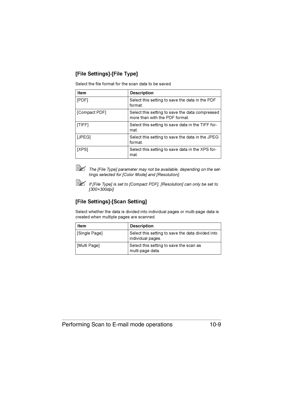 Muratec MFX-C3035 Performing Scan to E-mail mode operations 10-9, File Settings-File Type, File Settings-Scan Setting 