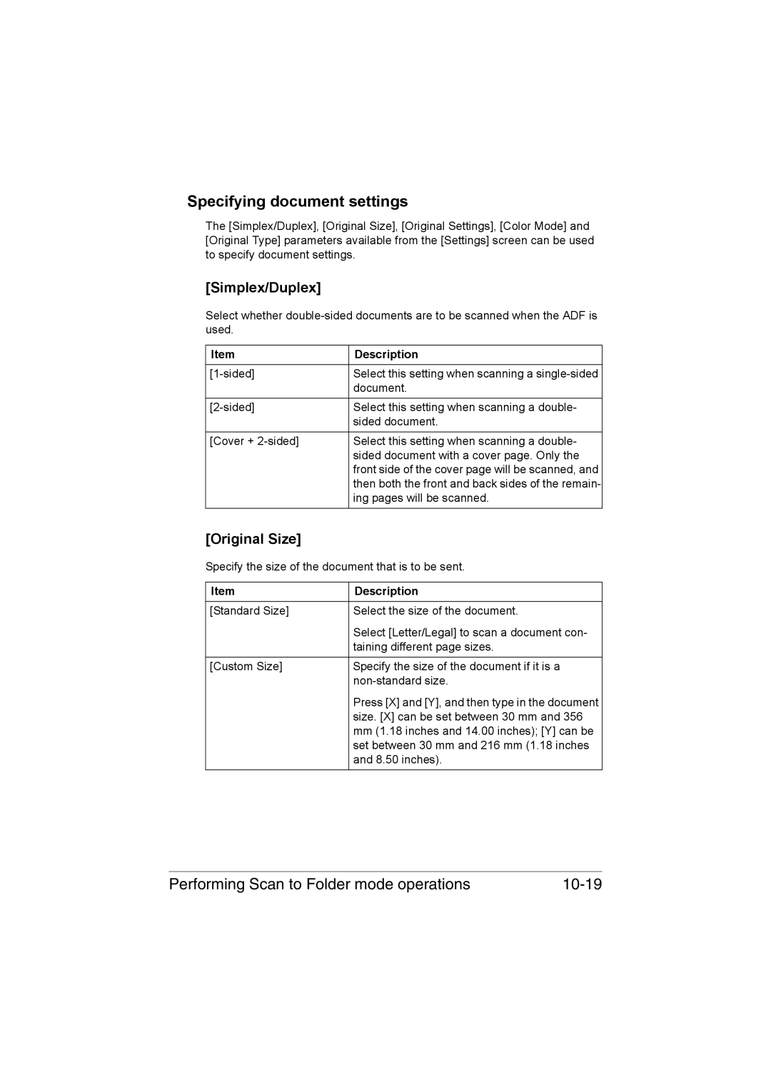 Muratec MFX-C3035 manual Specifying document settings, Performing Scan to Folder mode operations 10-19 