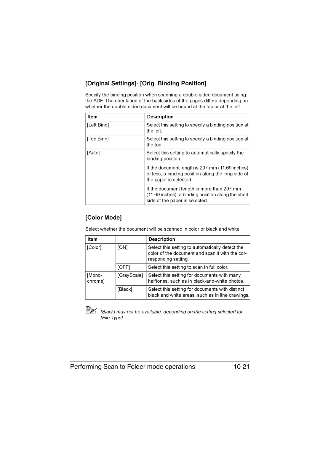 Muratec MFX-C3035 manual Performing Scan to Folder mode operations 10-21, Original Settings- Orig. Binding Position 