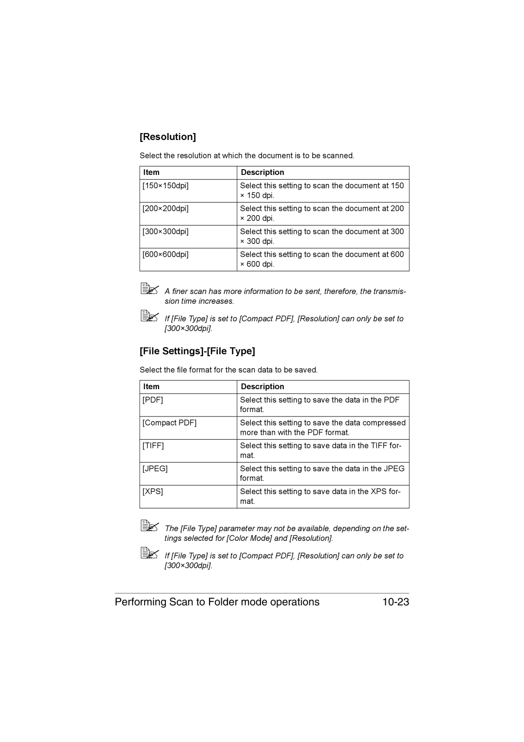 Muratec MFX-C3035 manual Performing Scan to Folder mode operations 10-23, Resolution 