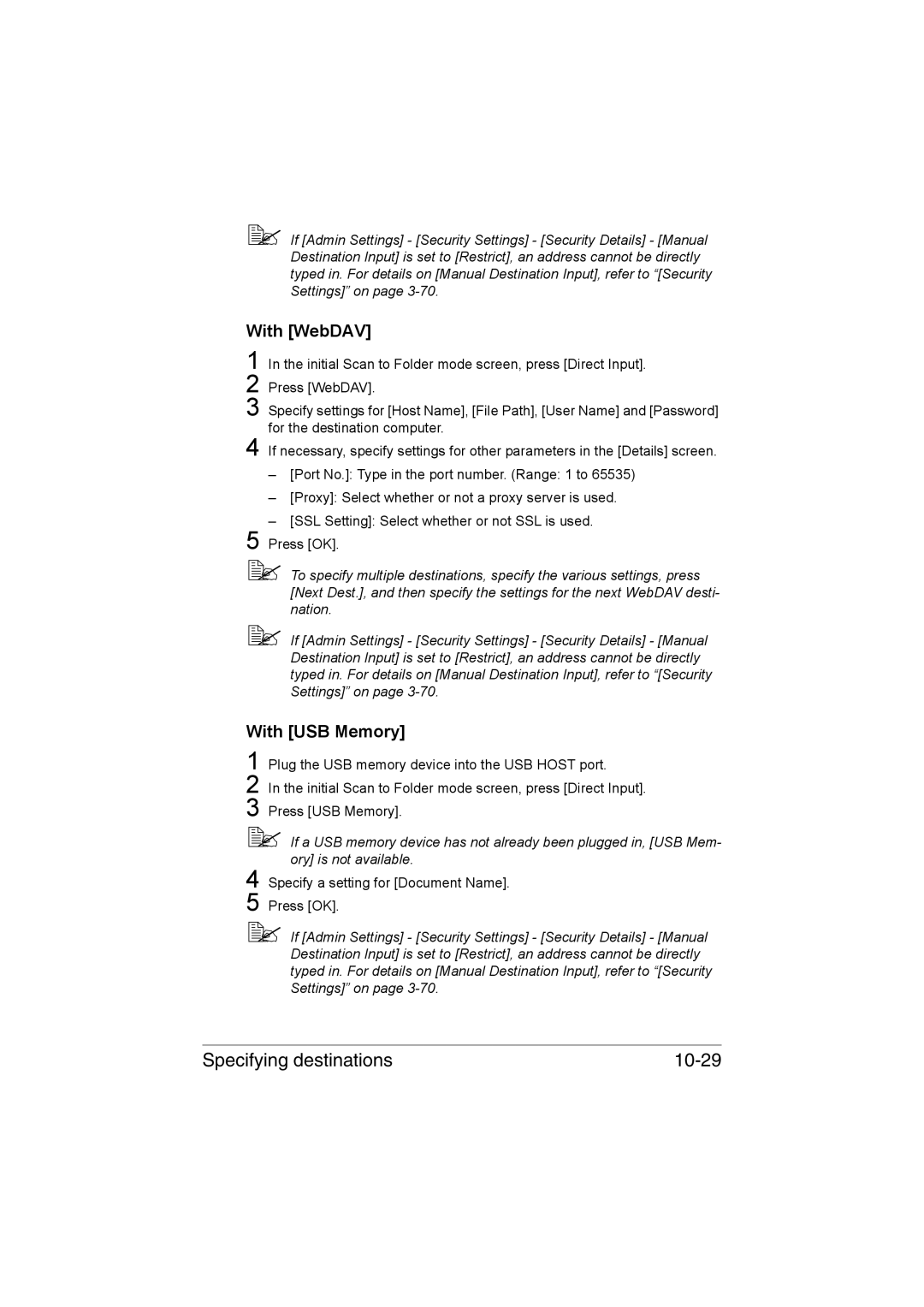 Muratec MFX-C3035 manual Specifying destinations 10-29, With WebDAV, With USB Memory 