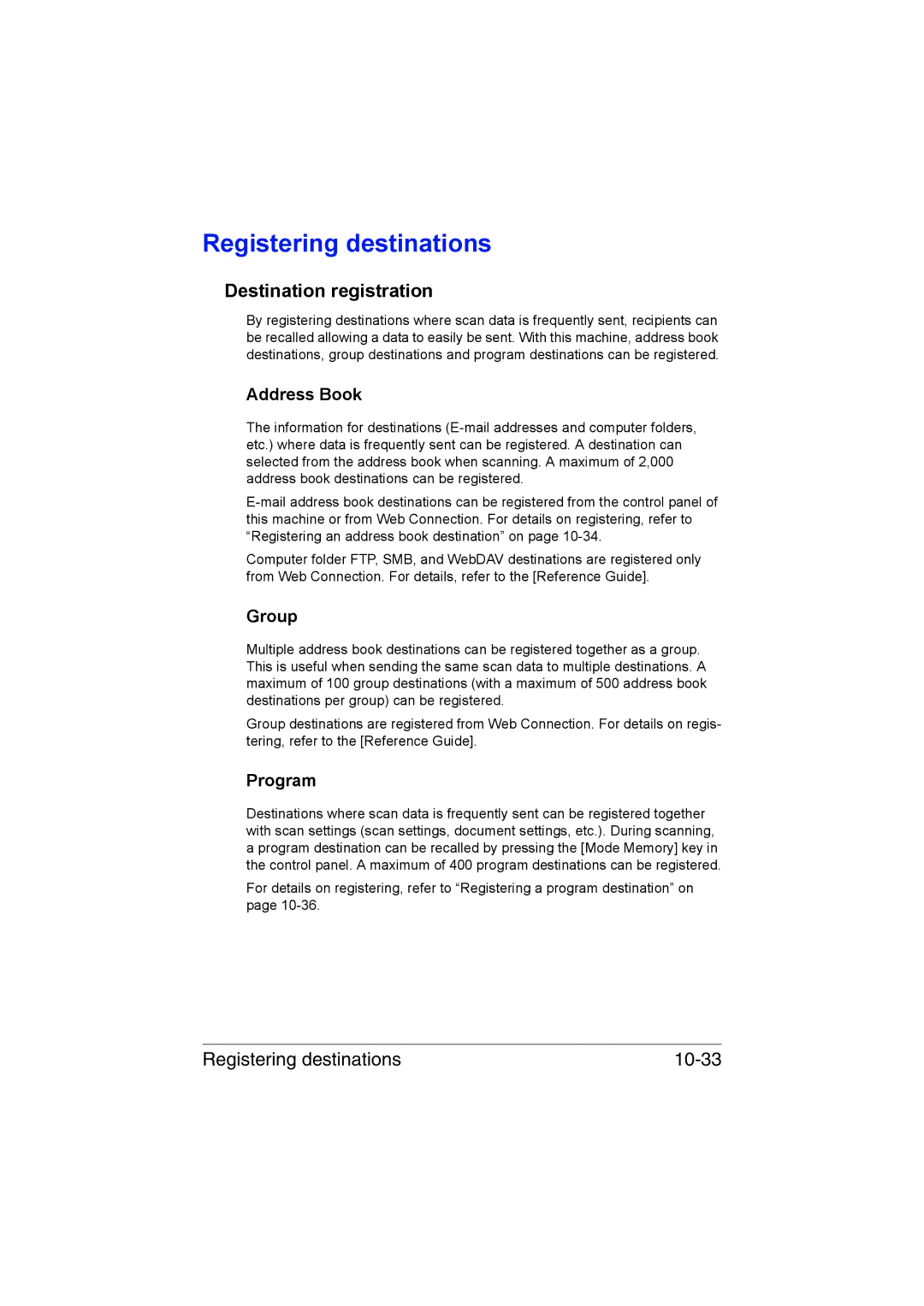 Muratec MFX-C3035 manual Destination registration, Registering destinations 10-33 