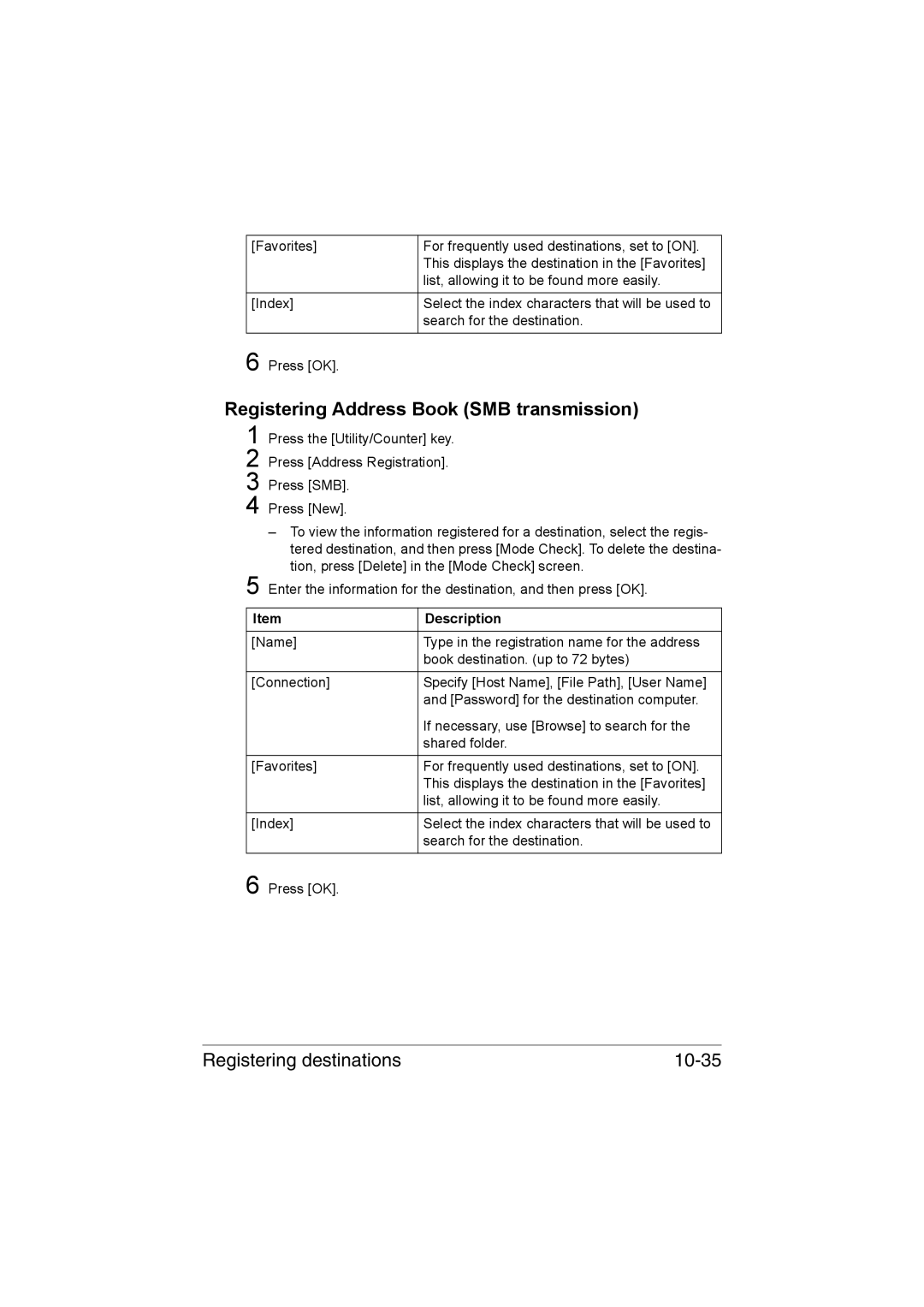 Muratec MFX-C3035 manual Registering Address Book SMB transmission, Registering destinations 10-35 