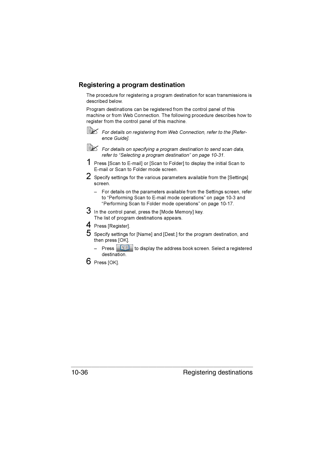 Muratec MFX-C3035 manual Registering a program destination, Registering destinations 