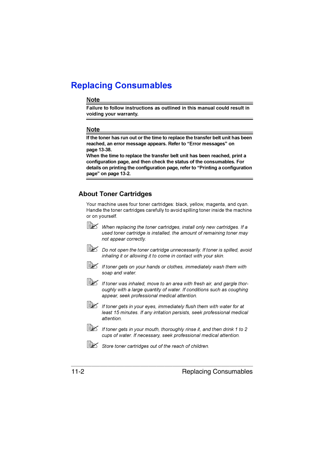 Muratec MFX-C3035 manual Replacing Consumables, About Toner Cartridges 