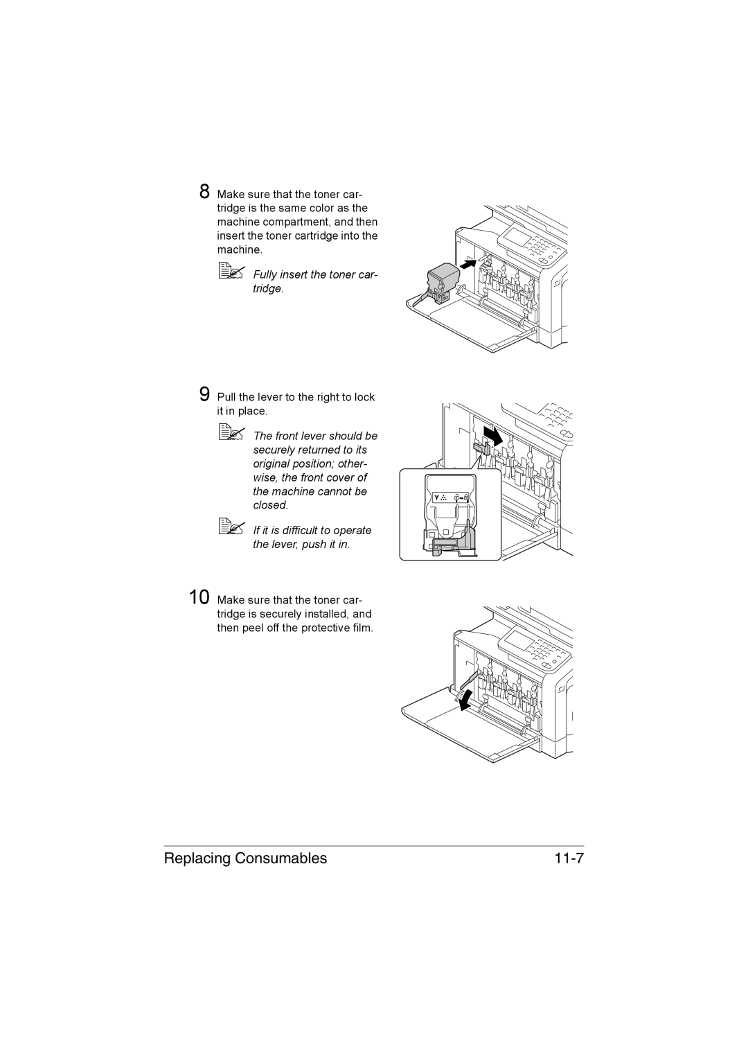 Muratec MFX-C3035 manual Replacing Consumables 11-7,  Fully insert the toner car- tridge 