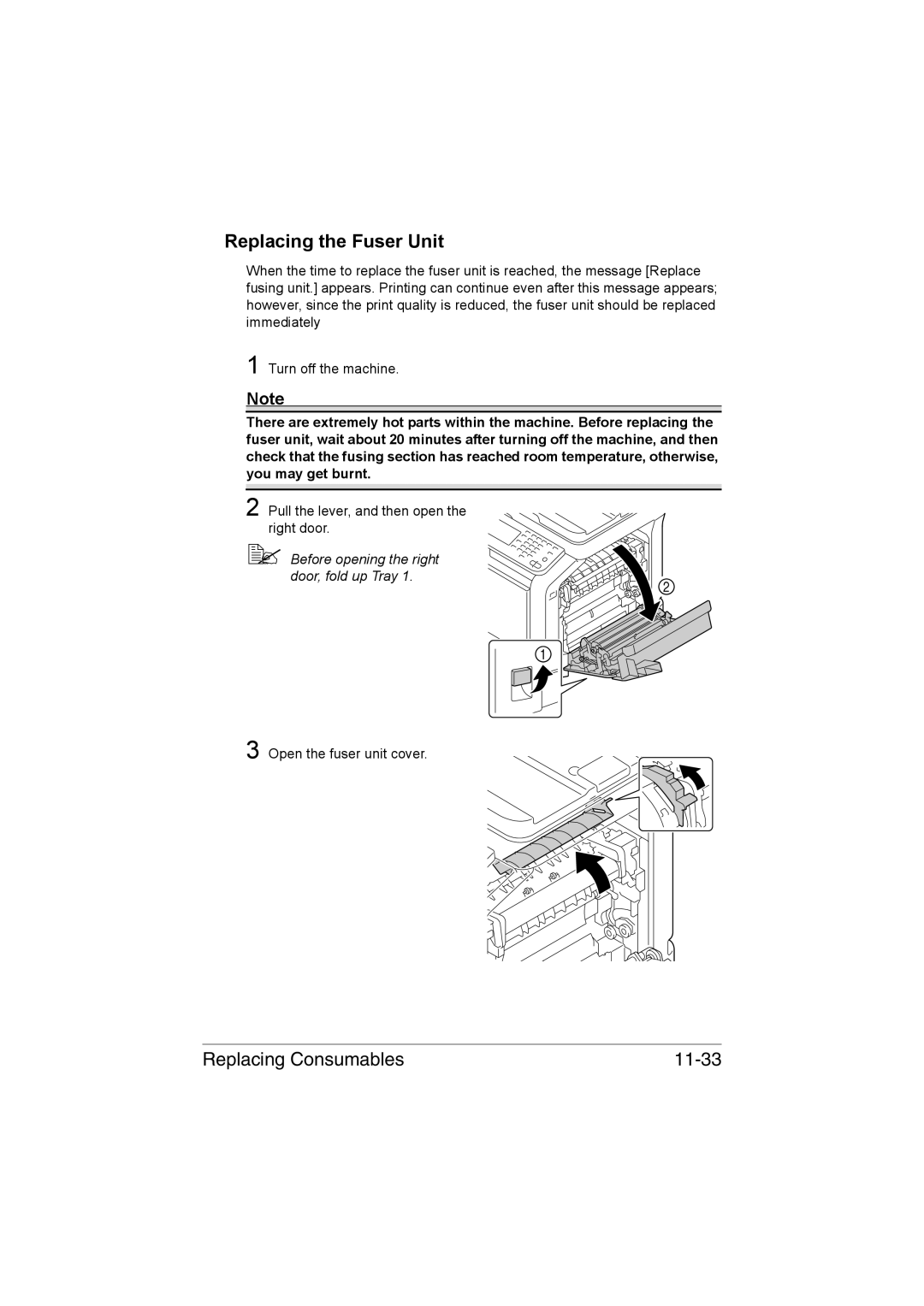 Muratec MFX-C3035 manual Replacing the Fuser Unit, Replacing Consumables 11-33 