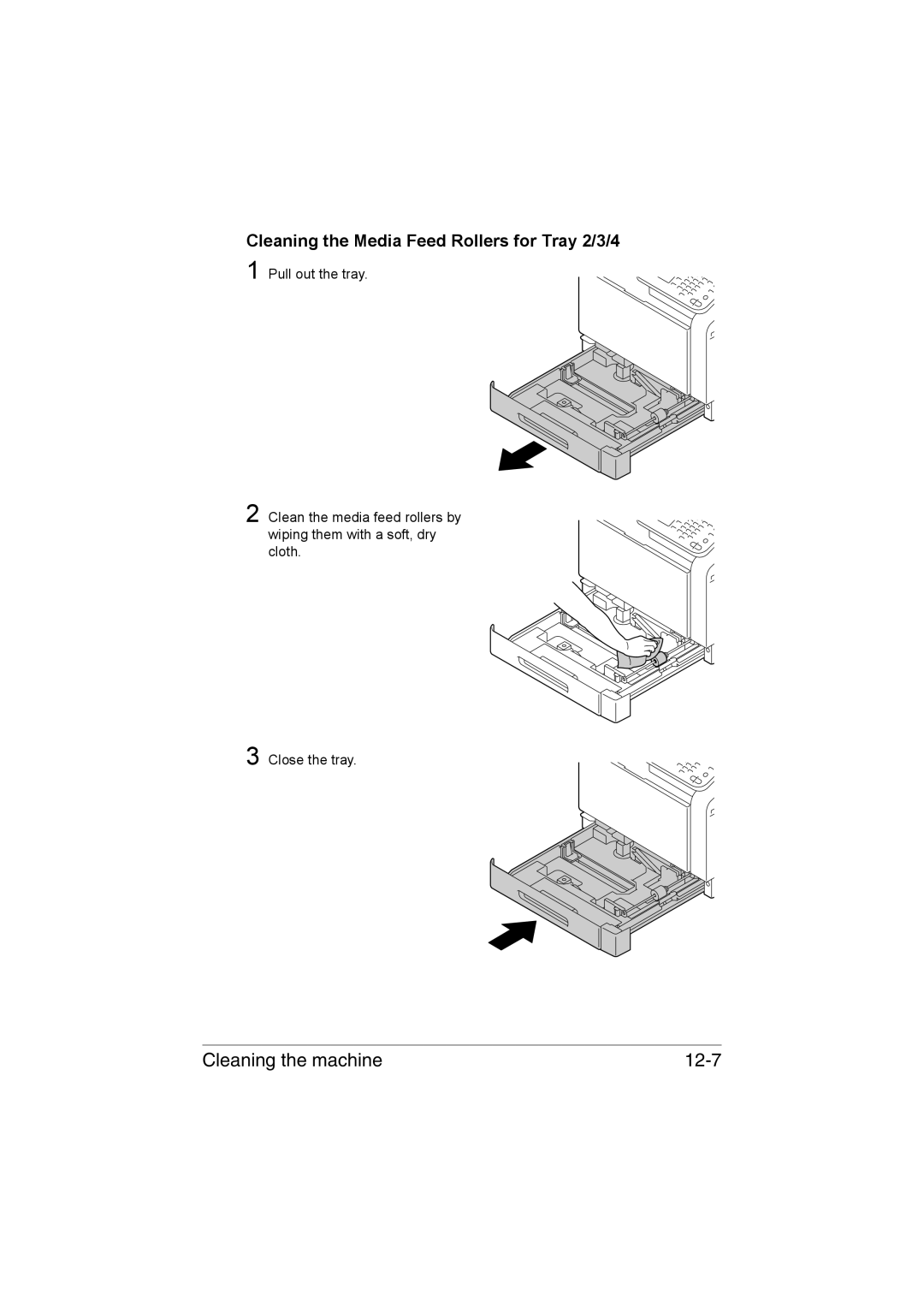 Muratec MFX-C3035 manual Cleaning the machine 12-7, Cleaning the Media Feed Rollers for Tray 2/3/4 