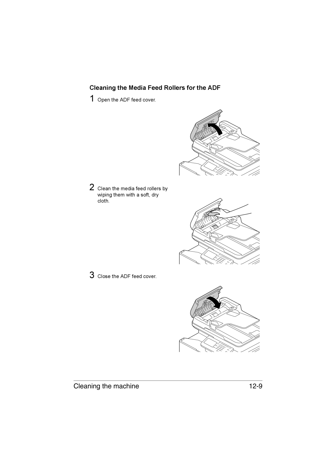 Muratec MFX-C3035 manual Cleaning the machine 12-9, Cleaning the Media Feed Rollers for the ADF 