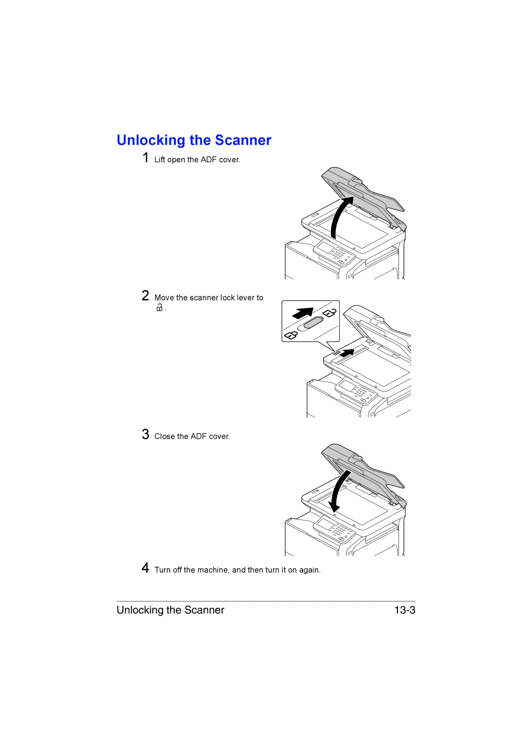 Muratec MFX-C3035 manual Unlocking the Scanner 13-3 