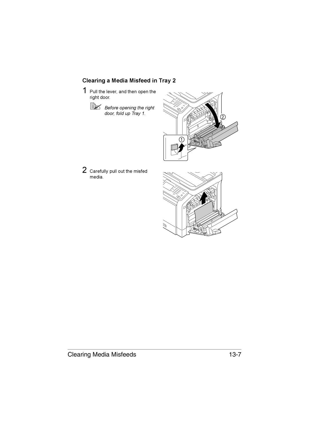 Muratec MFX-C3035 manual Clearing Media Misfeeds 13-7, Clearing a Media Misfeed in Tray 