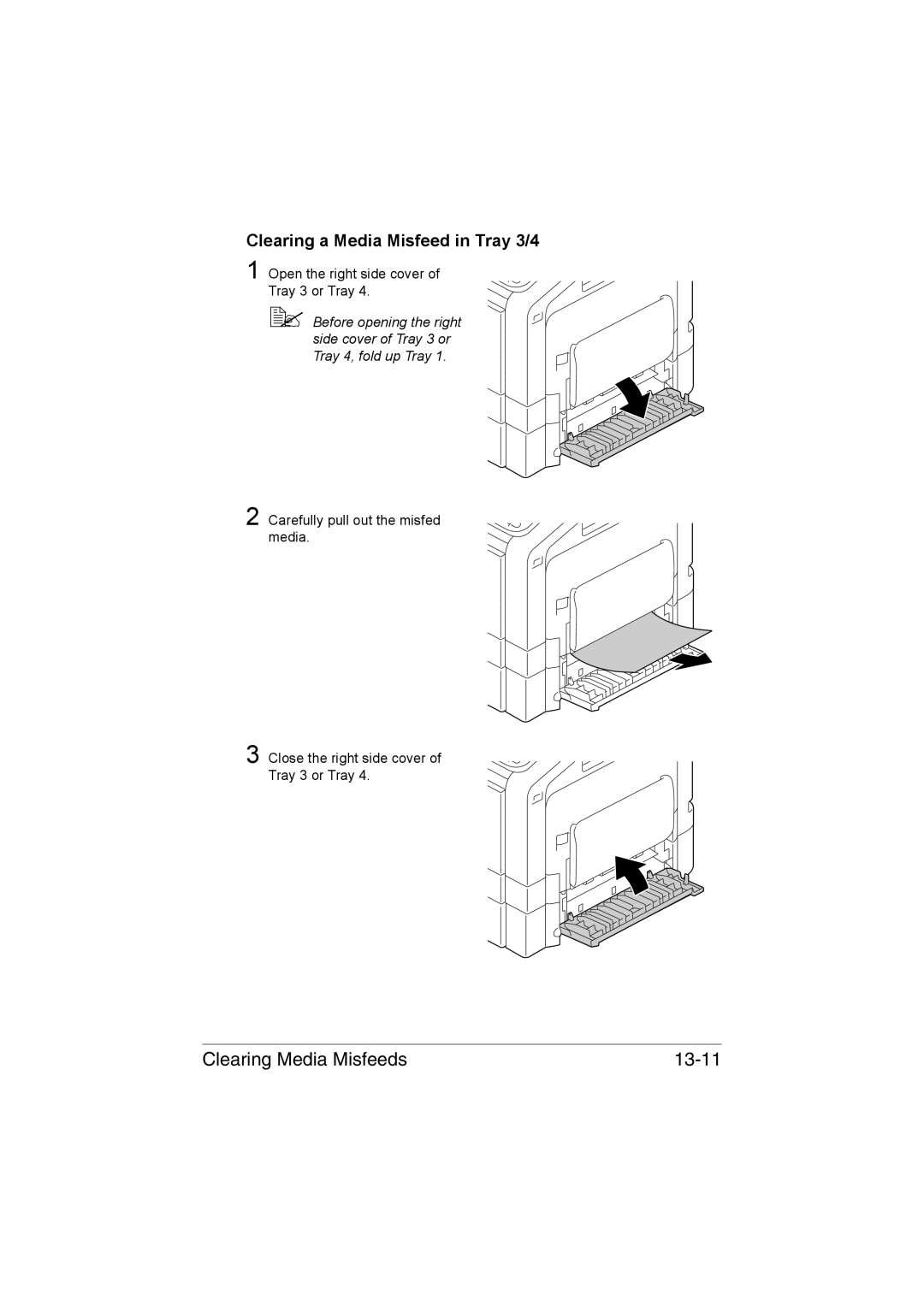 Muratec MFX-C3035 manual Clearing Media Misfeeds 13-11, Clearing a Media Misfeed in Tray 3/4 