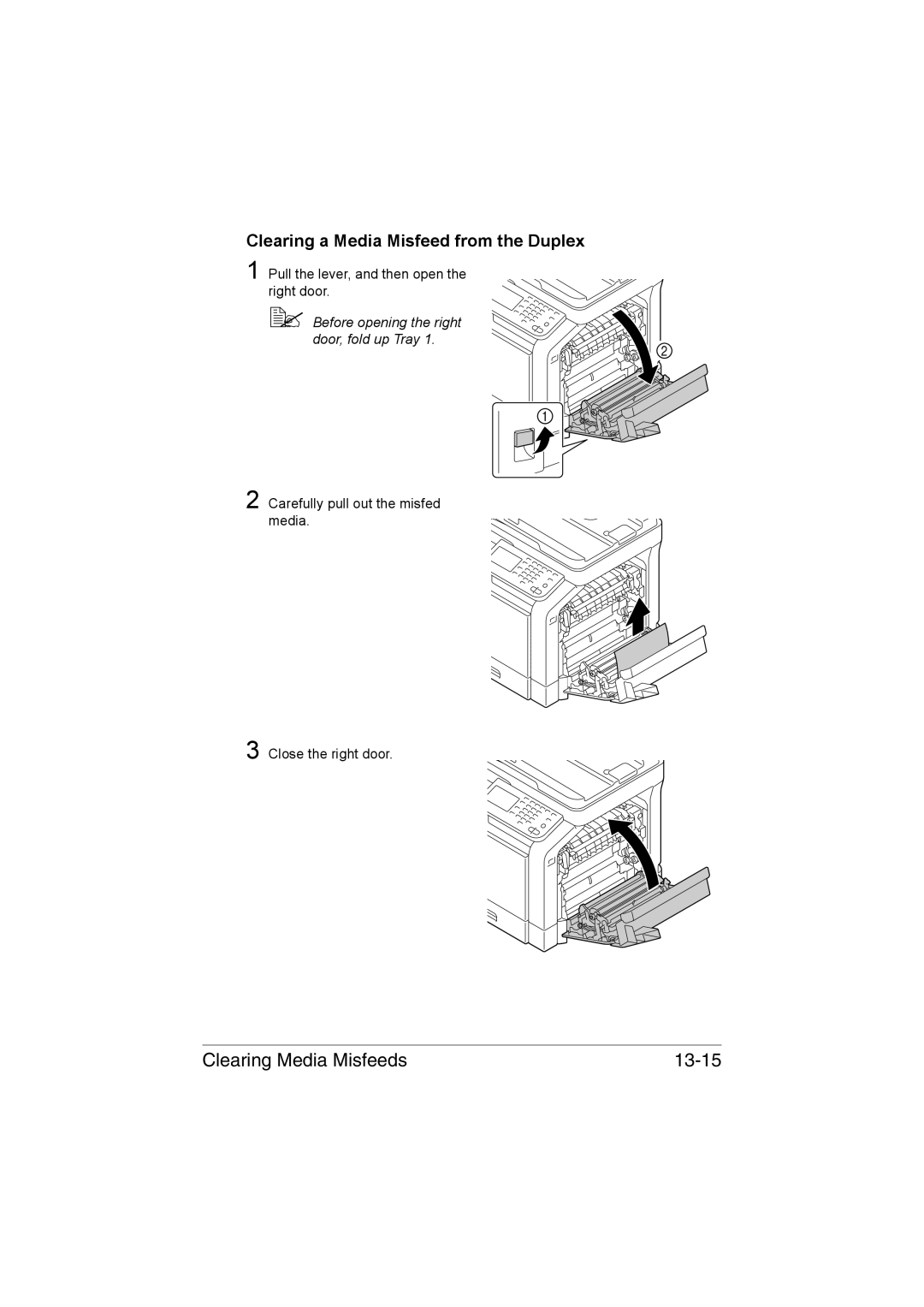 Muratec MFX-C3035 manual Clearing Media Misfeeds 13-15, Clearing a Media Misfeed from the Duplex 