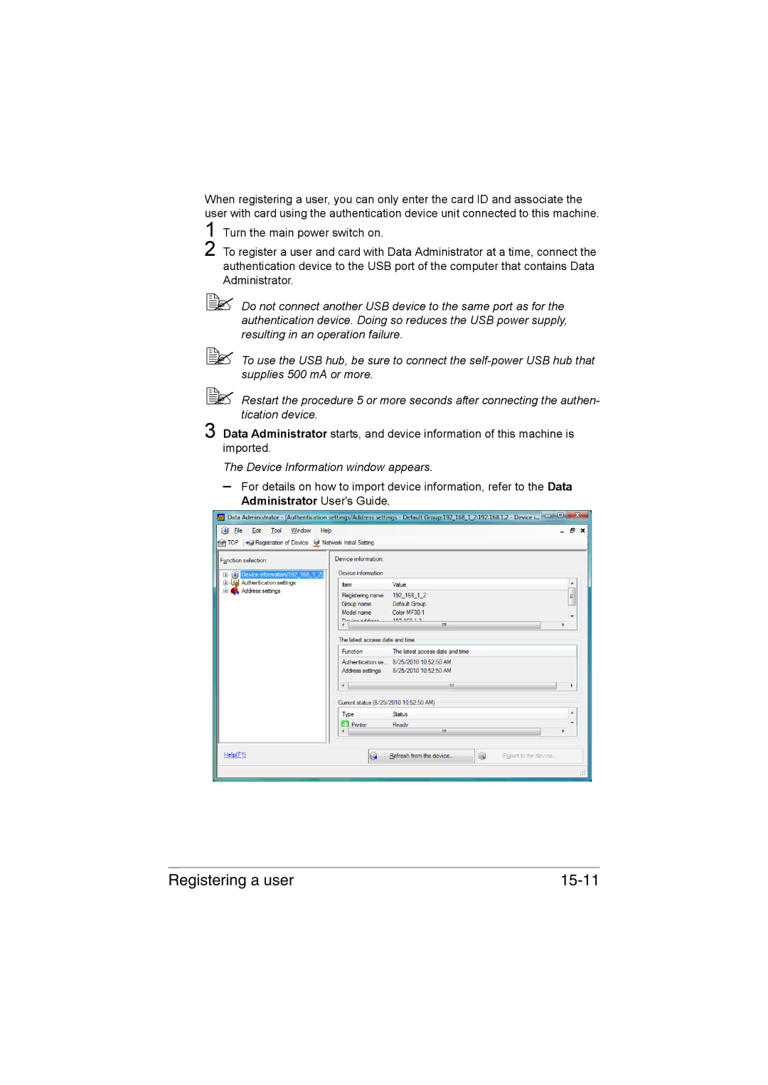 Muratec MFX-C3035 manual Registering a user 15-11, Device Information window appears 