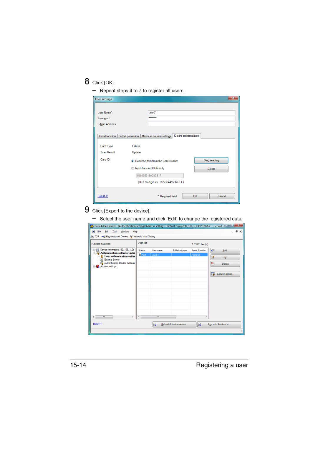 Muratec MFX-C3035 manual Registering a user 