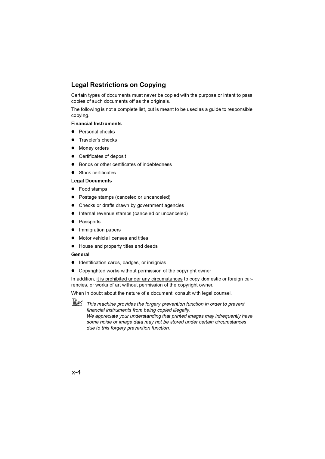 Muratec MFX-C3035 manual Legal Restrictions on Copying, Financial Instruments, Legal Documents, General 