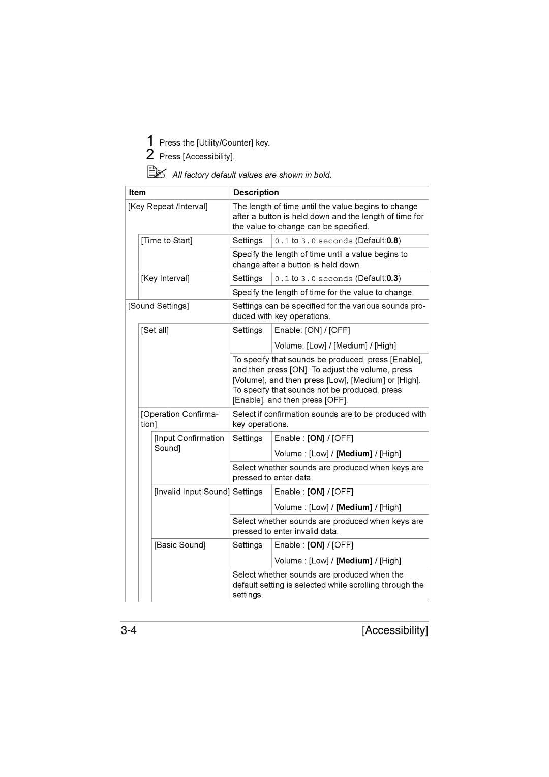 Muratec MFX-C3035 manual  All factory default values are shown in bold, To 3.0 seconds Default0.8 