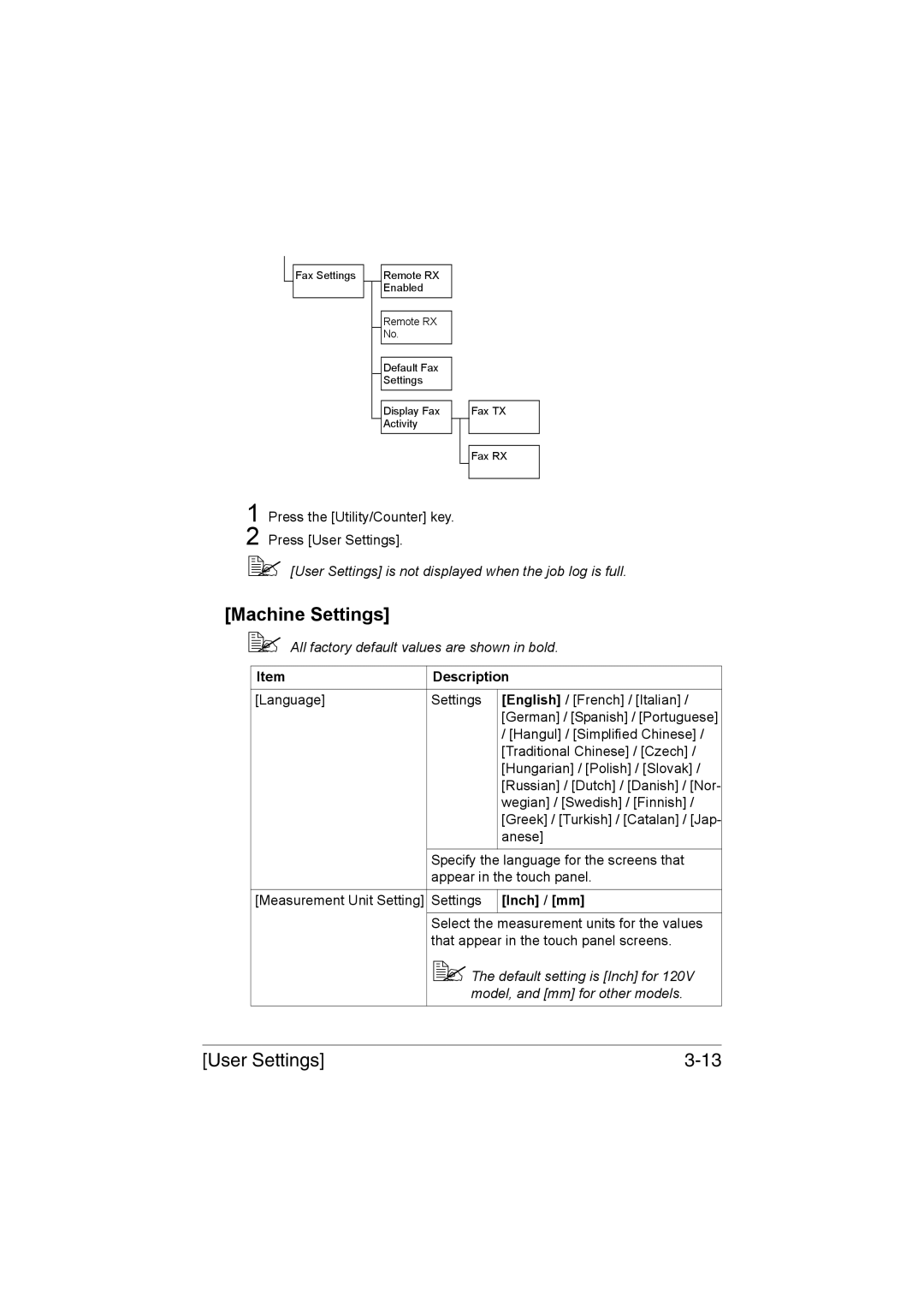 Muratec MFX-C3035 manual Machine Settings,  User Settings is not displayed when the job log is full, Inch / mm 