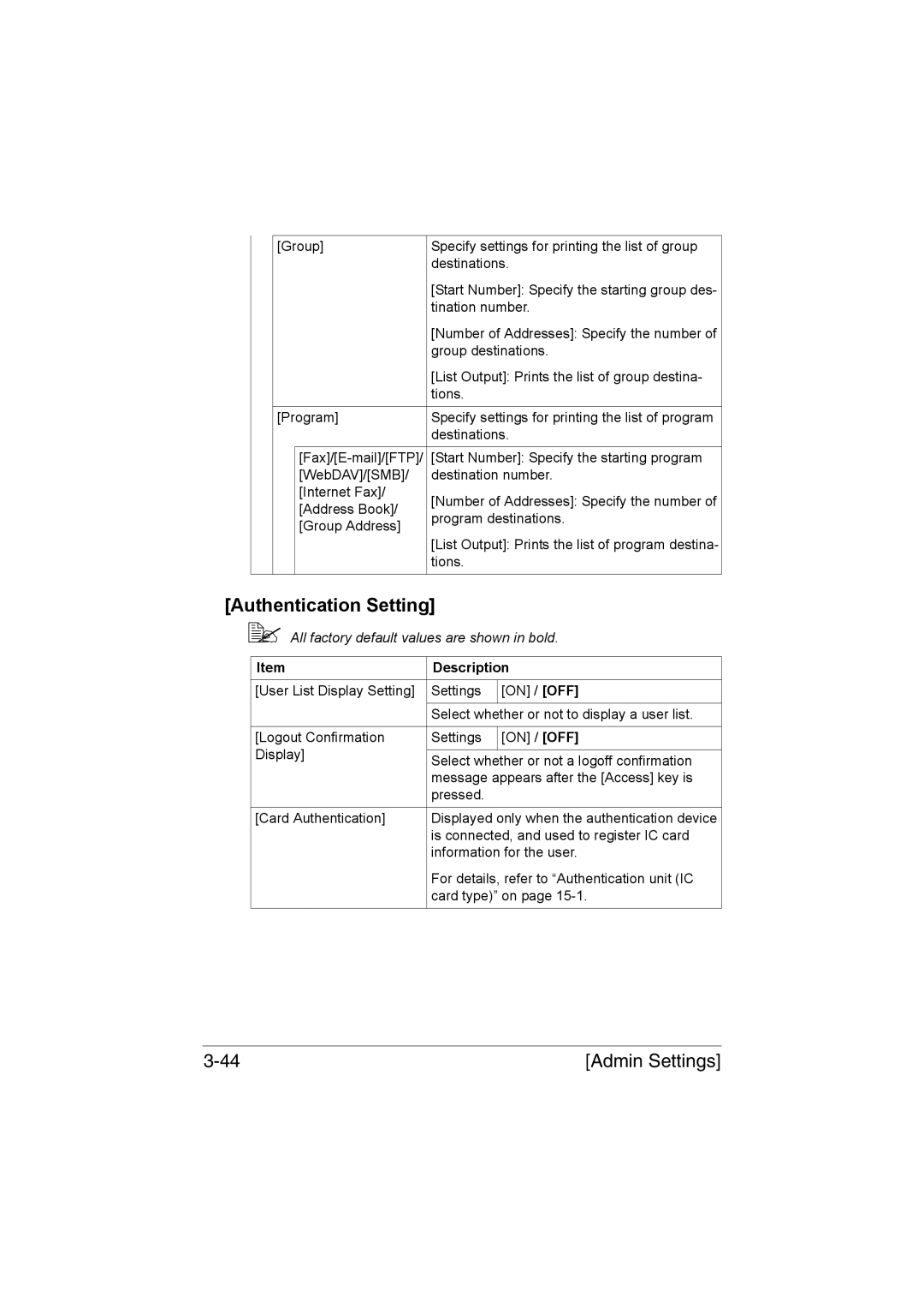 Muratec MFX-C3035 manual Authentication Setting,  All factory default values are shown in bold 