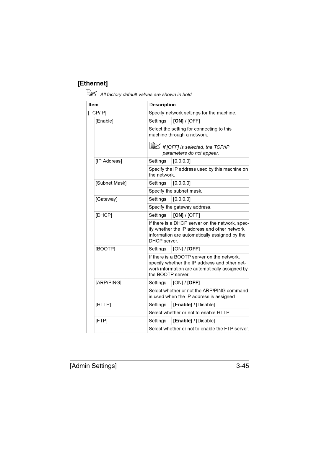 Muratec MFX-C3035 manual Ethernet,  If OFF is selected, the TCP/IP, Parameters do not appear 