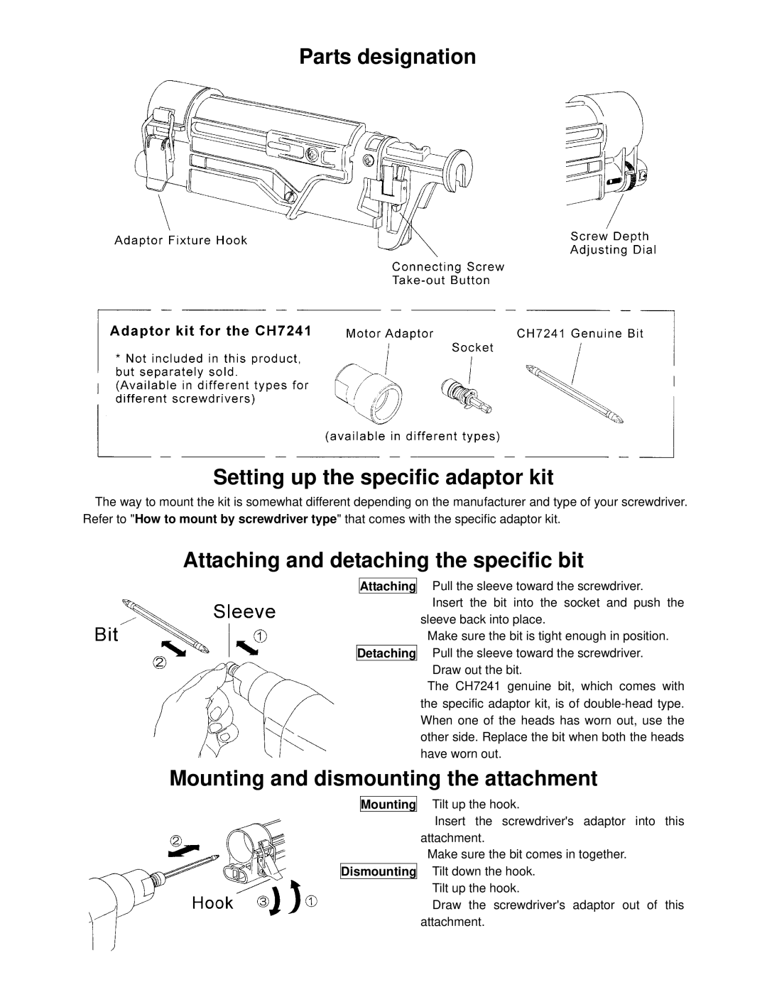 MURO CH7241U manual Parts designation Setting up the specific adaptor kit, Attaching and detaching the specific bit 