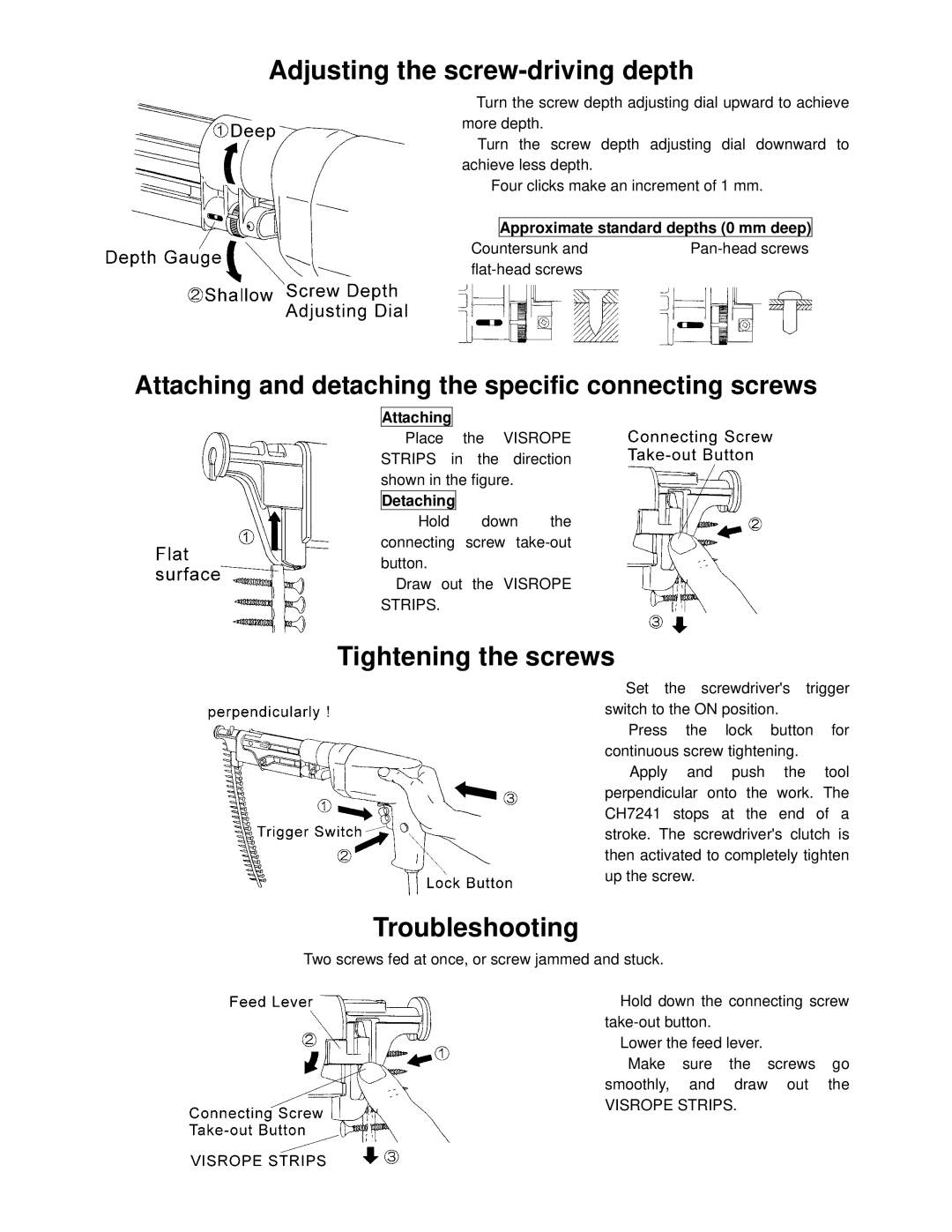 MURO CH7241U manual Adjusting the screw-driving depth, Tightening the screws, Troubleshooting 