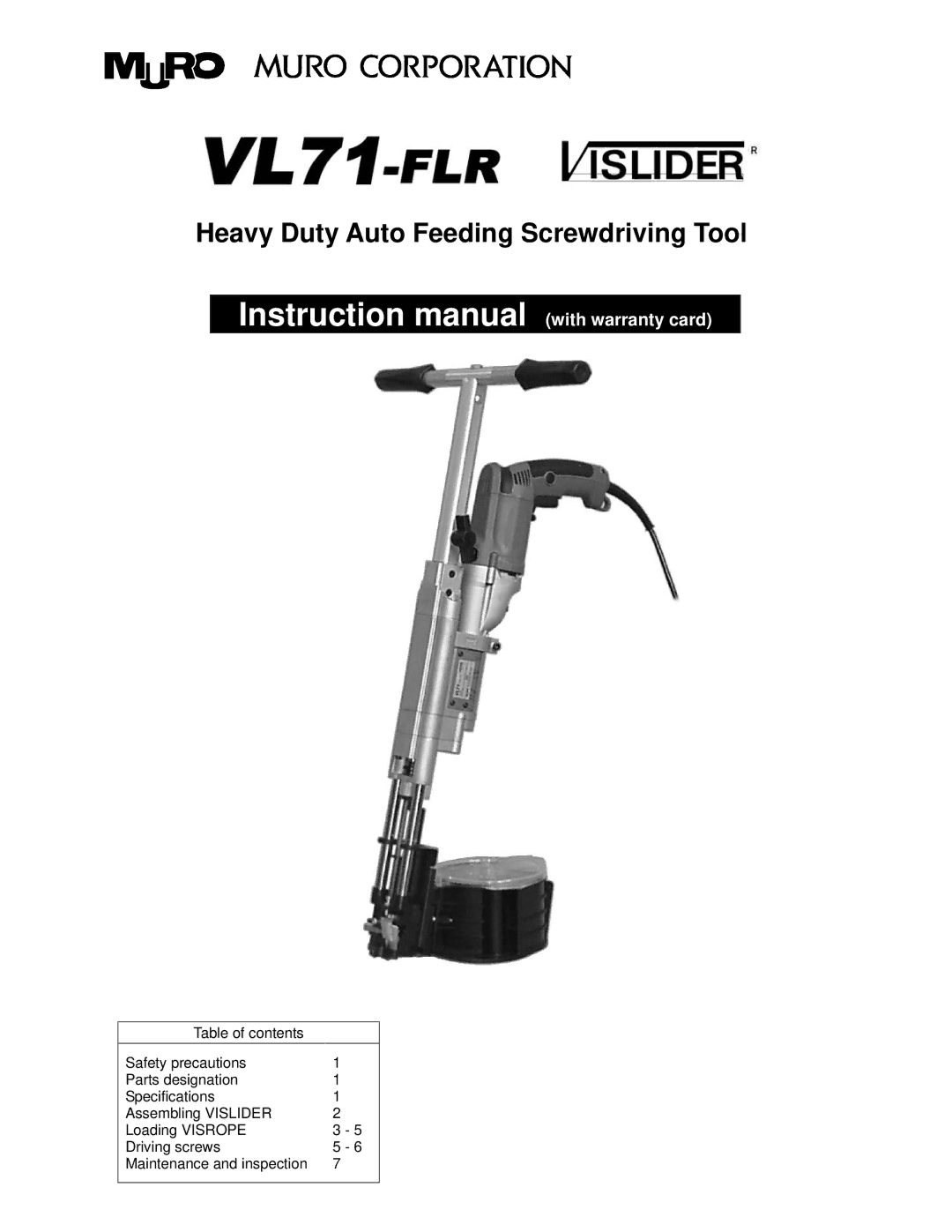 MURO VL71-FLR manual Heavy Duty Auto Feeding Screwdriving Tool 