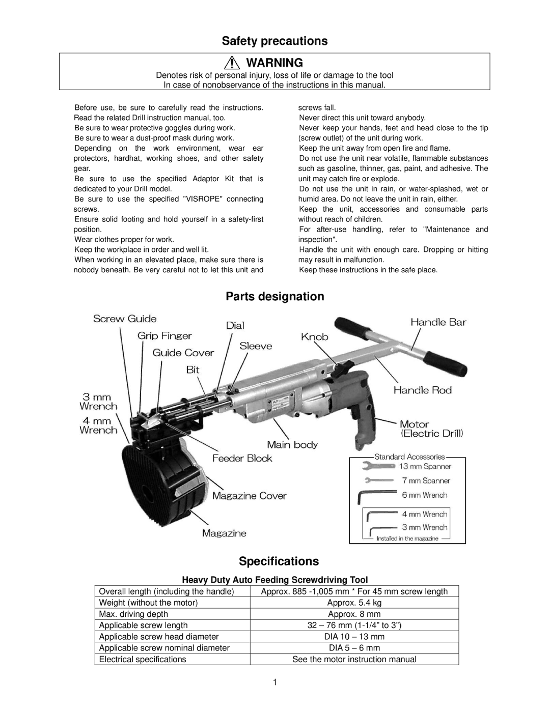 MURO VL71-FLR manual Safety precautions, Parts designation Specifications 