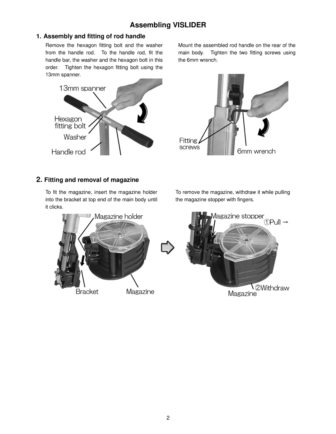 MURO VL71-FLR manual Assembling Vislider, Assembly and fitting of rod handle, Fitting and removal of magazine 