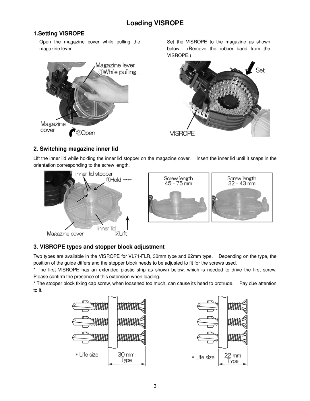MURO VL71-FLR Loading Visrope, Setting Visrope, Switching magazine inner lid, Visrope types and stopper block adjustment 