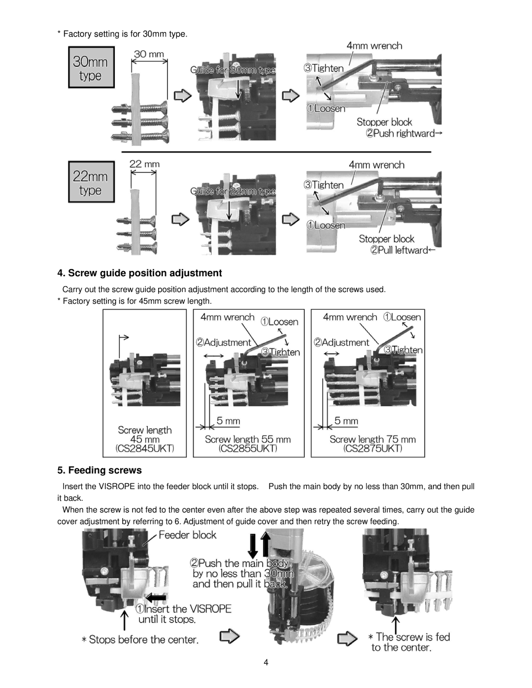 MURO VL71-FLR manual Screw guide position adjustment, Feeding screws 