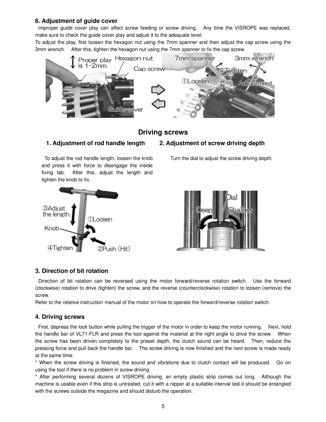 MURO VL71-FLR manual Driving screws, Adjustment of guide cover, Direction of bit rotation 