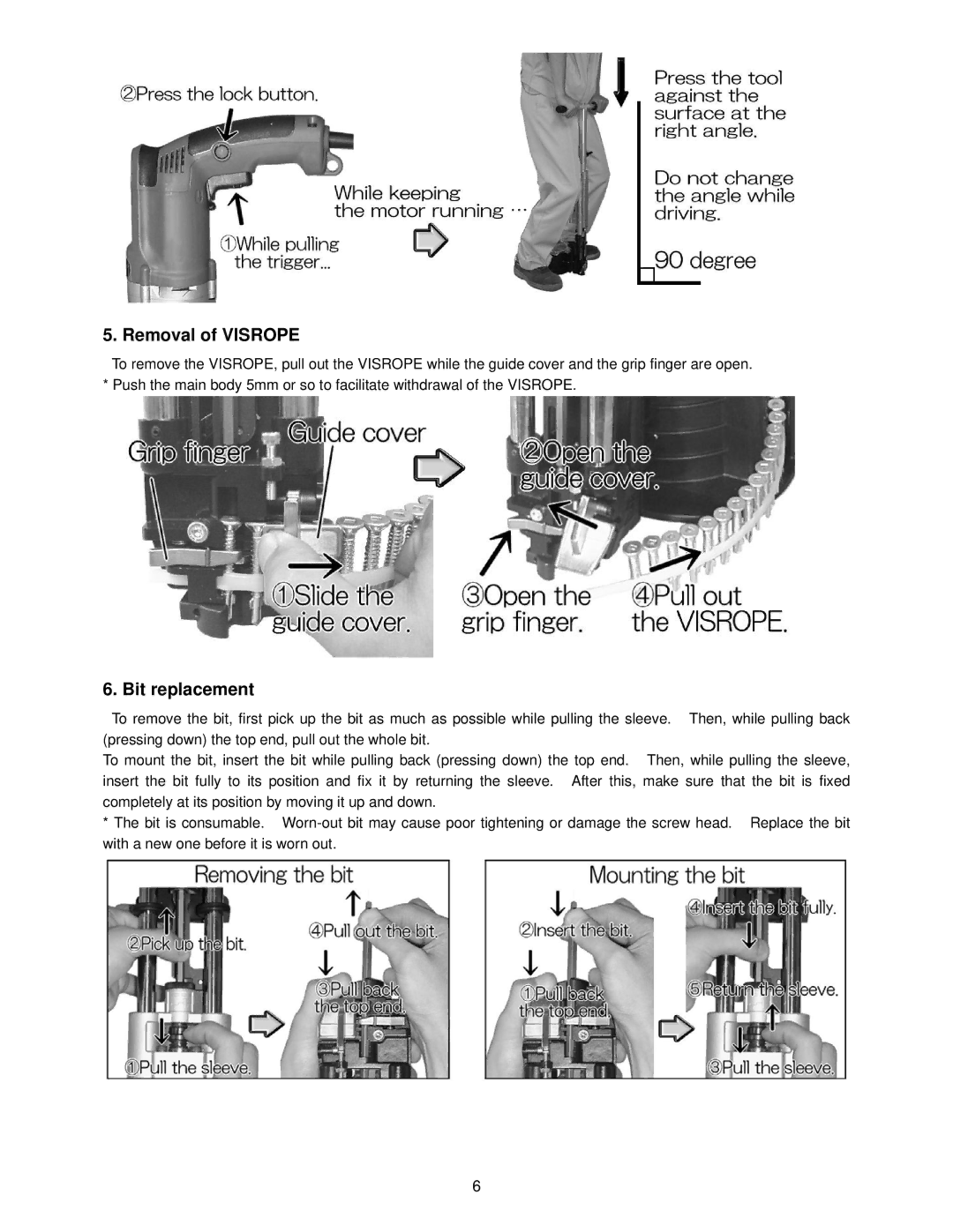 MURO VL71-FLR manual Removal of Visrope, Bit replacement 